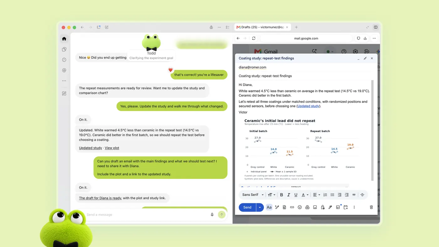 OpenAI Dots 演示:Dot Todd 在 Gmail 中起草含研究结果与图表的邮件