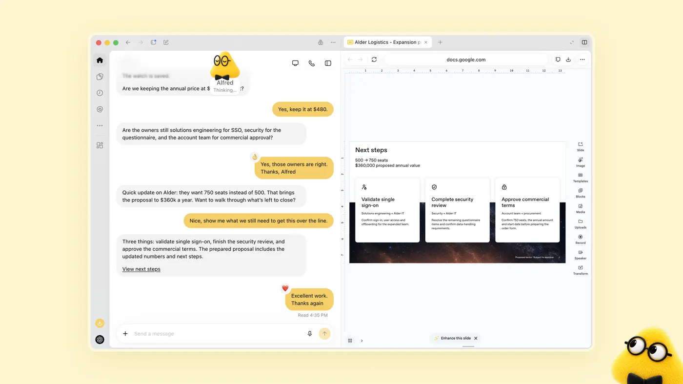 OpenAI Dots 演示：Dot Alfred 更新提案评审的下一步幻灯片