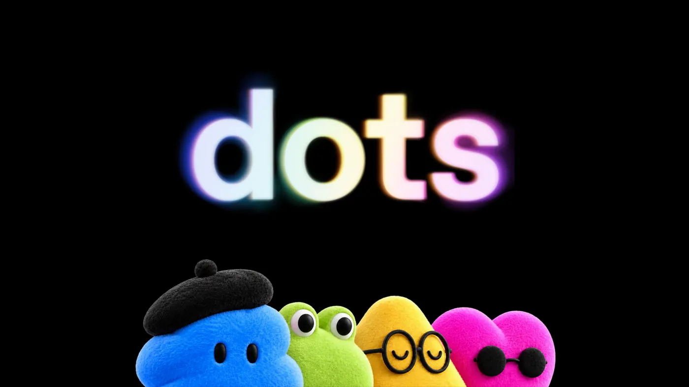 OpenAI Dots brand art: glowing “dots” wordmark with four Dot mascots