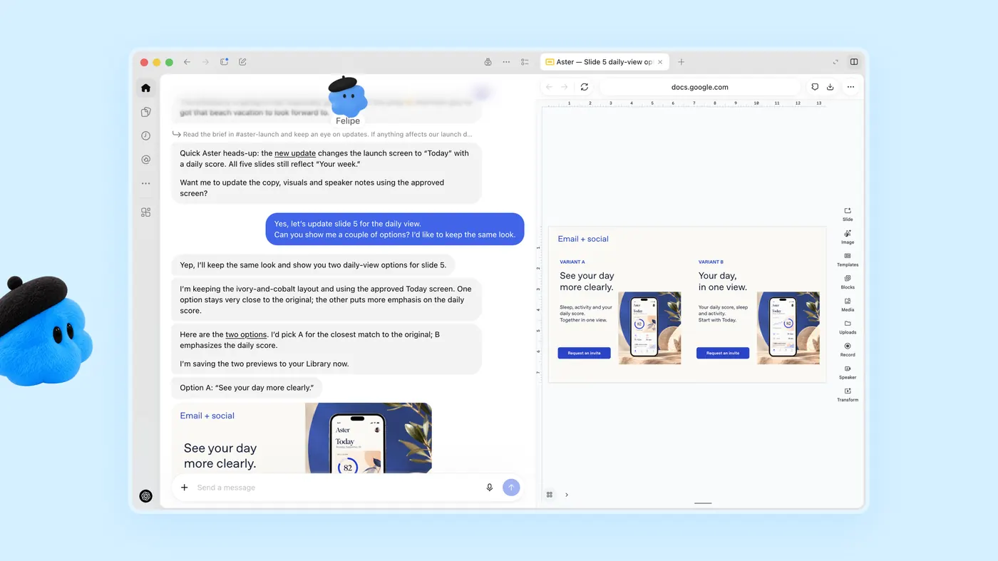 OpenAI Dots demo: a Dot helps plan and update a project deck in Google Docs